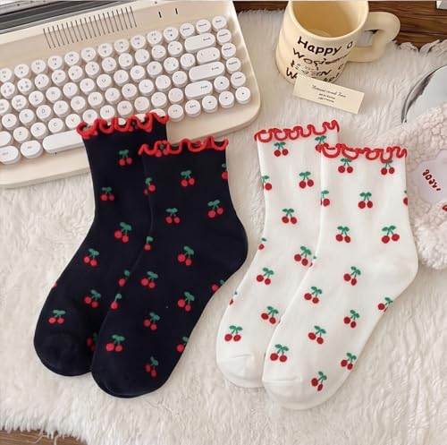 Image of Women's Cute Crew Socks, Casual Athletic Cotton Bowknot Cherry Calf Novelty Socks for Women