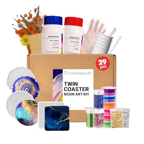 Image of 29pcs DIY Three Coaster Epoxy Resin Art Materials Kit with Dry Flowers for Making 3 Coasters with Silicone Moulds, Glitters, Flakes, Color Pigments & More (2:1 Resin to Hardener, 150gm)