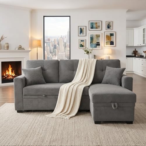 Image of KEIKI 71 inch Sleeper L Shaped Sofa with Pull Out Bed, Sleeper Sofa with Reversible Chaise, 3 Seater Modular Sectional Sofa with Storage for Living Room, Light Gray