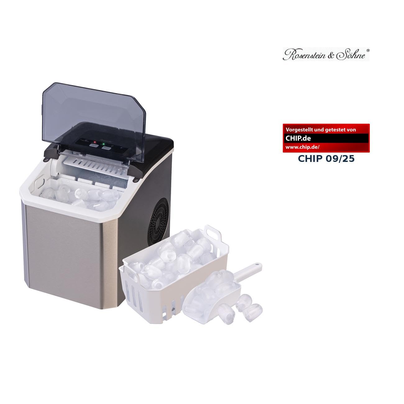 Rosenstein & Söhne Eiswürfelbereiter: Eiswürfelmaschine aus Edelstahl mit Selbstreinigung, 12 kg/Tag (Ice Maker, Eiswürfelmaschine Küche, Frost)