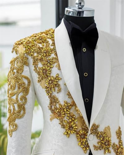 Mens Luxury 2 Pieces Suit with Gold Rhinestone Slim Fit Shawl Lapel Blazer Jacket Pants Set for Prom,Party,Dinner4