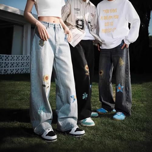 Baggy Jeans Men Graphic Vintage Y2k Floral Jeans Flower Print Skater Washed Loose Fit Wide Leg Denim Pants Hip Pop2