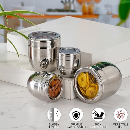 Image of Sumeet Stainless Steel Conical Shape Canisters /Dabba /Storage Containers for Kitchen with See Through Lid, Set of 4 Pcs (150ml-6cm Dia-1Pc, 250ml-7cm Dia-1Pc, 400ml-8.5cm 1Pc, 500ml-9cm 1Pc)- Silver