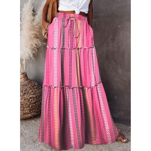 Women Boho Floral Print Maxi Skirt Summer High Waisted Tiered Long Skirts Flowy Ruffle Beach Vacation Maxi Skirts 20252