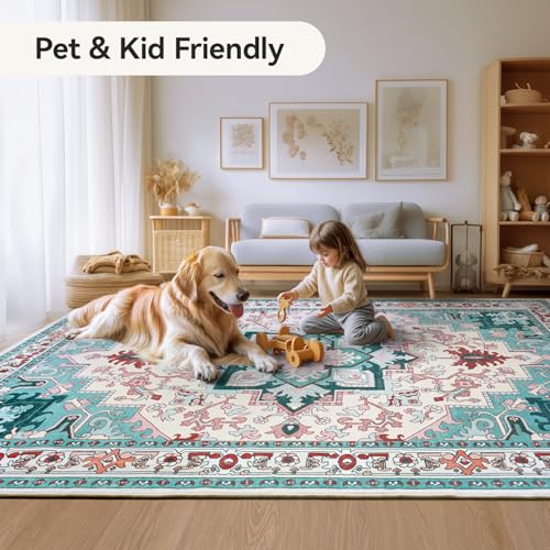 Lofus 8x10 Area Rugs, Large Area Rug for Living Room, Floral Washable Area Rug for Bedroom, Office, Dining Room, Non-Slip Vintage Boho Rug, Low-Pile Soft Carpet, Traditional Oriental Style, Light Blue