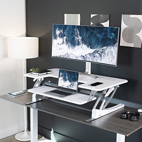 Image of VIVO White 42 inch Standing Desk Converter, DESK-V000VLW | Height Adjustable, Stand Up Desk Riser, Wide Keyboard Tray, Dual Monitor and Laptop Workstation, V Series
