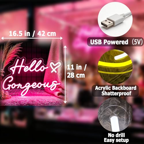 Image of Hello Gorgeous Neon Sign for Wall Decor Light Up Sign Led Signs for Room Party Home Wall Decor USB Powered