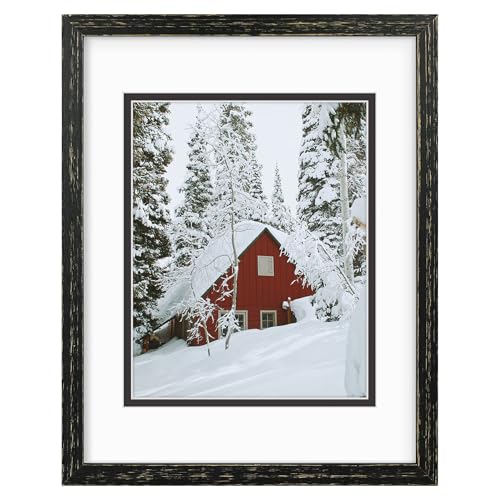 Golden State Art, 11x14 Distressed Black Wood Frame with White over Black Double Mat - Displays 8x10 Photos - Real Glass, Sawtooth Hangers, Back Turn Buttons - Wall Mounting, Landscape, Portrait