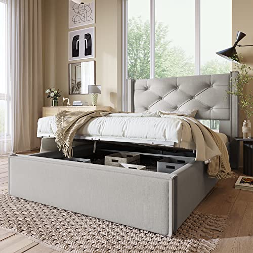 Idemon Letto singolo idraulico imbottito 90 x 200 cm, letto con rete a doghe in metallo, struttura moderna con vano portaoggetti, cotone (grigio chiaro, 90 x 200 cm)