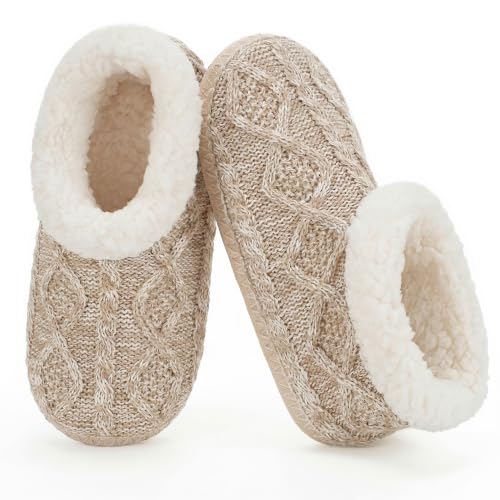 Image of cosyone1997 Cable Knit Slipper Socks for Women Non Slip Soft Sole | Fuzzy sherpa lining, gripper dots, flexible bootie coverage and machine washable care for warm, comfortable indoor wear