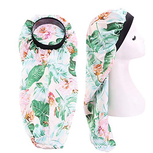 Extra Long Silky Satin Bonnet Sleep Cap Long Bonnet Cap for Braids Hair Loose Cap (Green Leaves)