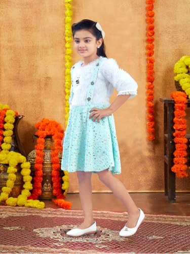 Image of Aarika Girls Turquoise Colour Foil Print Winter Woolen Frock