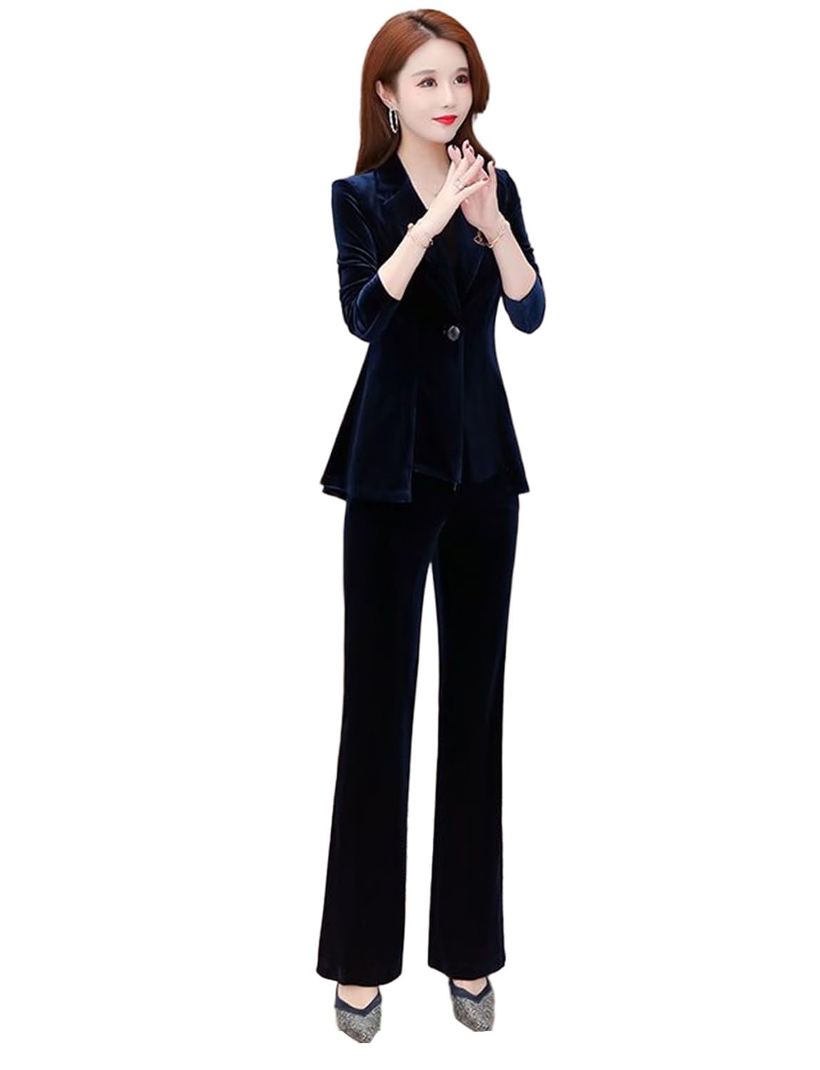 Womens Suit Velvet Two-Piece Notch Lapel One Buttons Jacket Pants Tuxedos Leisure Dinner