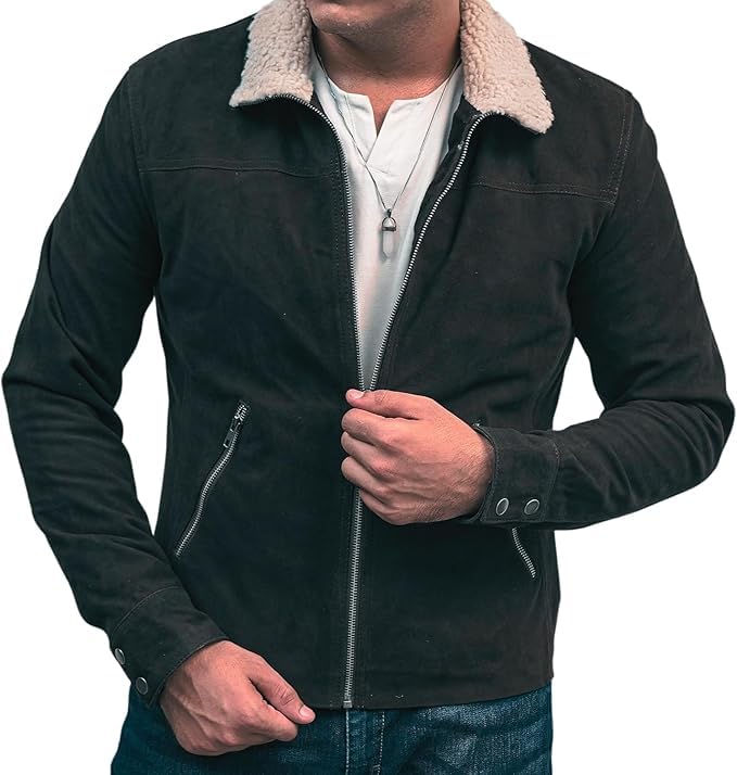 Men’s Vintage Brown Suede Leather Jacket – Rick Grimes-Inspired Motorcycle Coat with Fur Collar2