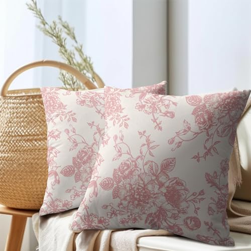 Kawani Pink And Cream Floral Pillow Covers 18X18 Inch Set Of 2 Vintage Throw Chinoiserie Flower Pillowcases Farmhouse Cotton Linen Cushion thumb #5