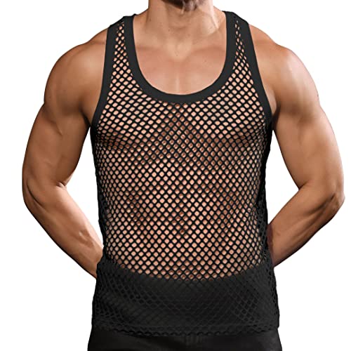 Beotyshow Mens Mesh Fishnet Tank Tops Fitted Sleeveless Night Club Style Muscle Top Summer Workout Beach Shirts