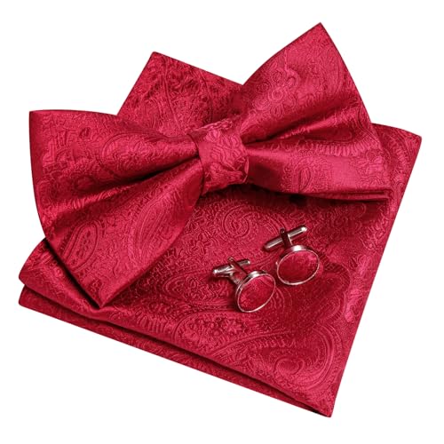 Image of YOHOWA Mens Bow Tie Set Paisley Pre-tied Bowties Adjustable with Handkerchief Cufflinks Gold Ring Set Wedding Prom Party