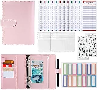 30Pcs A6 Budget Binder Set, ST Gizmos PU Leather Money Saving Wallet with 12 Cash Envelopes and Budget Sheets, Money Organiser Ring Binder with Category Stickers and Gel Pen for Travel Diary, Pink
