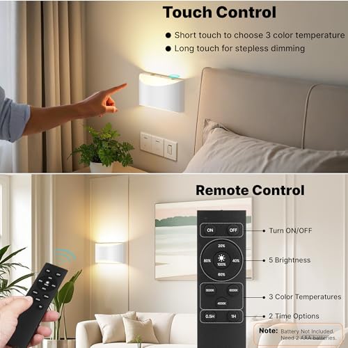 Image of FOLKSMATE Battery Operated Wall Sconces Set of 2, White Rechargeable Remote & Touch Wall Lamps, 3 Color Temperatures, Dimmable Lamp for Bedroom, Living Room, Hallway