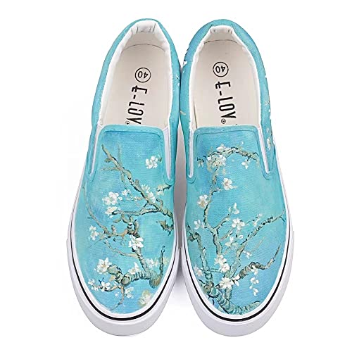 Womens Van Gogh Almond Blossom Slip On Canvas Shoes Casual Loafers Low Top Sneakers (8 Women /CN40, W206C)