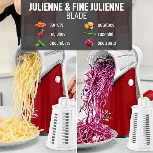 Image of Zulay Kitchen Rotary Cheese Grater 5 Blade Cheese Shredder - Manual Hand Crank Cheese Grater With Reinforced Suction & 5 Interchangeable Drums - Easy to Use, Vegetable Chopper Round Mandoline Slicer