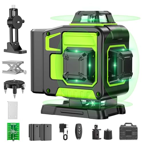 Niveau Laser Chantier Autonivelant 360° x 4, Lazer Niveaux 4D 16 Lignes Laser, Autonivellement et Mode Pulsé Extérieur, 2 x Batterie, Nivellement Automatique, Support Rotatif, Télécommande