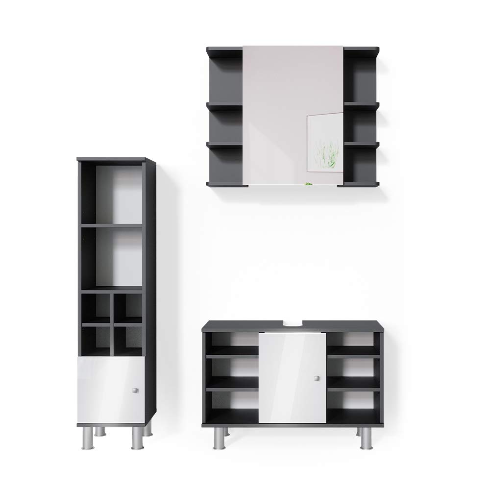 Vicco Badmöbel-Set Fynn, Anthrazit, 60 cm, besteht aus Waschbeckenunterschrank, Spiegelschrank und Hochschrank