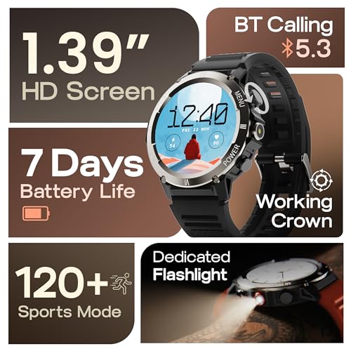 Image of GOBOULT Tuff Hawk Smart Watch 1.39'' HD Display, BT Calling, Working Crown, 150+Watchfaces, 450 Nits Brightness, AI Voice Assistant, SpO2 Monitoring (Green) (Black)