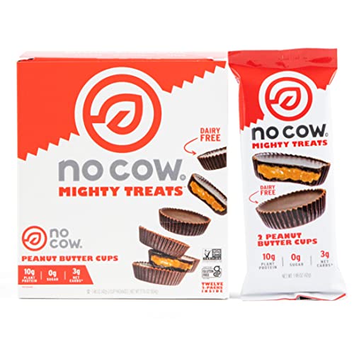 No Cow Mighty Treats, Peanut Butter Cups, 10g Plant Based Vegan Protein, Keto Friendly Snacks, Low Sugar, Carb, Calorie, Gluten Free, Naturally Sweetened, Dairy Non GMO, Kosher, 24 1.0 Count