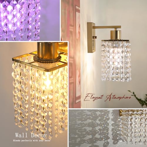 Image of Shenmoyl Set of 2 Crystal Battery Operated Wall Sconce,Rechargeable Wall Lamp with 5200mAh Battery & Remote Control, Modern Dimmable Wireless Wall Lights for Bedroom Bathroom (Clear, Gold Base)