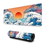 Vintage Japanese Ocean Kanagawa Wave Sunrise Gaming Mouse Pad XL, Extended Large Mouse Mat Desk Pad, Stitched Edges Mousepad, Long Non Slip Rubber Base Mice Pad, 31.5 X 11.8 Inch