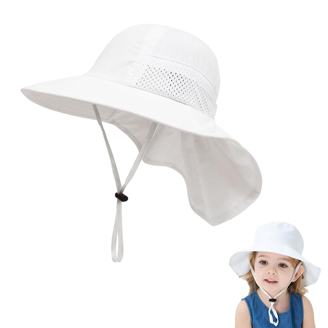 PSOWQ 1 Pieza Sombrero para El Sol Sombrero para El Sol para Bebés Niños con Protección para El Cuello Sombrero De Verano Plegable Ajustable Protección UV Transpirable - Blanco