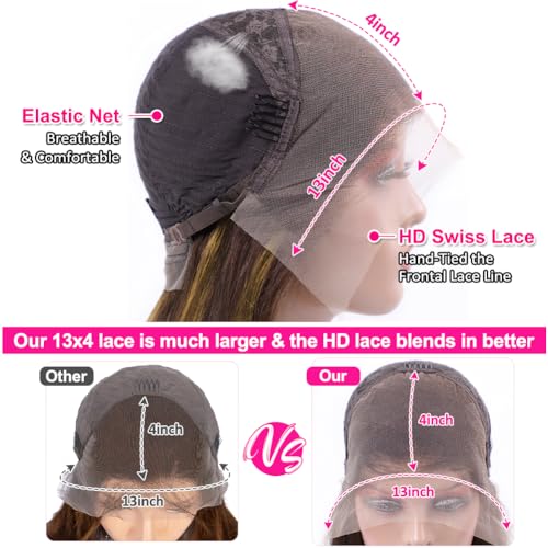 Image of Pizazz Honey Blonde Lace Front Wigs Human Hair Pre Plucked with Natural Hairline 13x4 Glueless Wigs Human Hair 180 Density 4 /27 Highlight Body Wave Lace Frontal Wigs 20 Inch