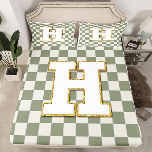 Image of Erosebridal Sage Green Checkered Sheet Set Queen Plaid Initial H Bed Sheets Personalized Monogram Bedding for Kids Boys Girls,Fashion Grids Gingham Bed Sheets Set 4 Piece