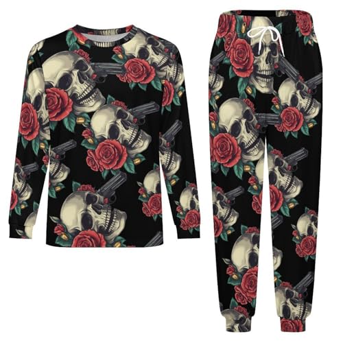 Skull Rose Gun Mens Pajamas Set Long Sleeve Sleepwear Pjs Set Shirts And Bottoms Sleep Sets Loungwear4