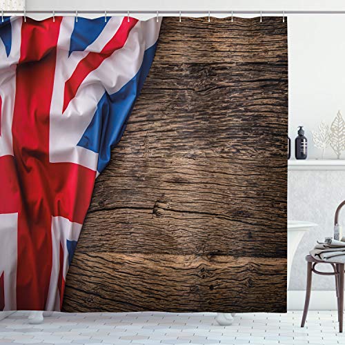 ABAKUHAUS Union Jack Rideau de Douche, Drapeau à Bord Oak, Tissu Ensemble de Décor de Salle de Bain avec Crochets, 175 cm x 180 cm, Multicolore