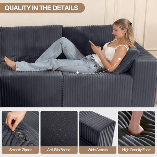 Image of L Shaped Modular Boneless Sectional Couches for Living Room, Wide Armrest, Deep Seat, Memory Foam, Assembly Free, Modern Comfy Corduroy Fluffy Cloud Sofa with Left Chaise, Grey