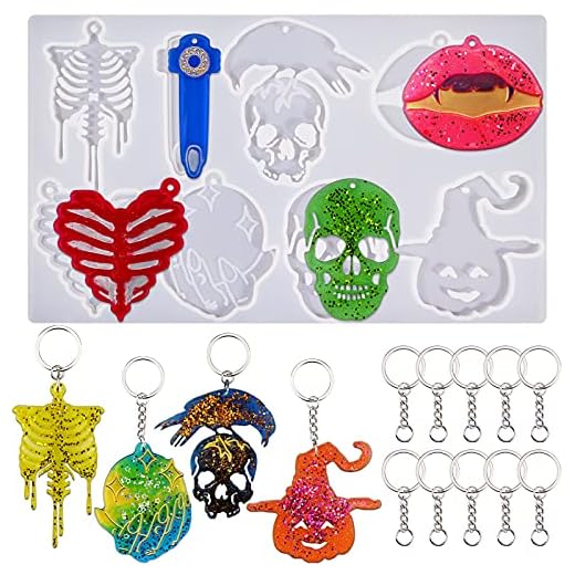 Halloween Keychain Molds, Skull Resin Silicone Mold, Human Skeleton Keychain Dangles Mold for Epoxy Resin, DIY Unique Halloween Necklace Pendant Crafts Polymer Clay
