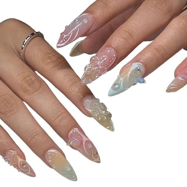 UñAs Postizas 24 uñas postizas 3D transparentes con diseño de mariposa y flores for mujer, usables color rosa, verde almendra(L2)