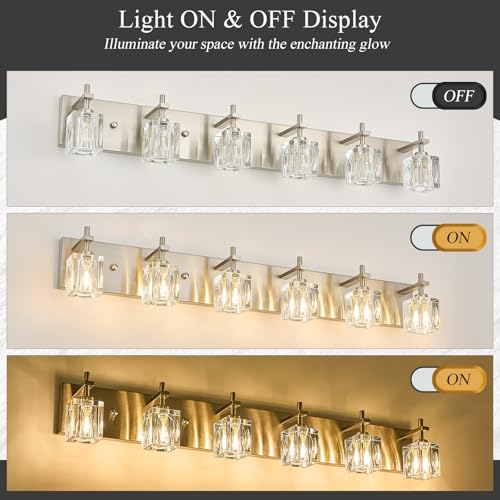 Image of VitaLink 6-Light Crystal Vanity Light, 35.4 inch Long Nickel Bathroom Wall Light Over Mirror Wide Backplate Crystal Wall Light Fixtures for Bathroom