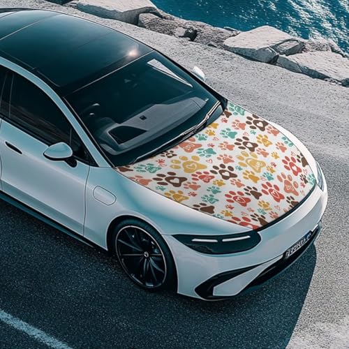 Image of Colored Paw Prints Car Hood Cover Elastic Polyester Protector for Car Hood Stretchable Automotive Accessories for Most Automotive Vehicles Trucks Pickup SUVs