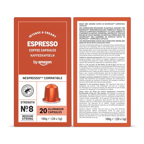 by Amazon Sortimentspackung, Aluminium-Kaffeekapseln, kompatibel mit Nespresso, mittelgeröstet, 100 Stück (5 Packungen mit je 20 Stück) – Rainforest Alliance zertifiziert 6