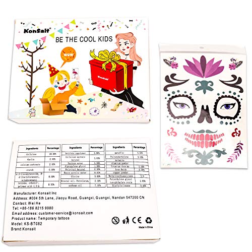 Halloween Temporary Face Tattoos (8Pack), Konsait Day of the Dead Sugar Skull Floral Black Skeleton Web Red Roses Full… - Image 8