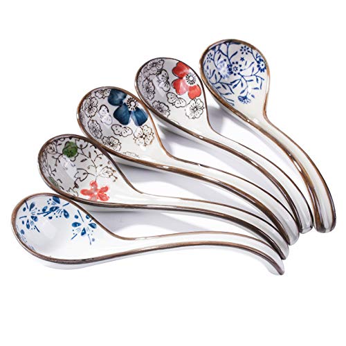 Juego de 5 cucharas de sopa de cerámica japonesas y coreanas, pintadas a mano, cucharas curvadas, cucharas de arroz de mango largo