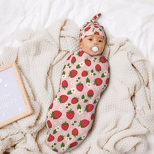 Image of Cartoon Strawberry Newborn Swaddle Blanket with Hat Sets Newborn Receiving Blanket for Boy Girl Swaddle Sack Shower Infant Gift