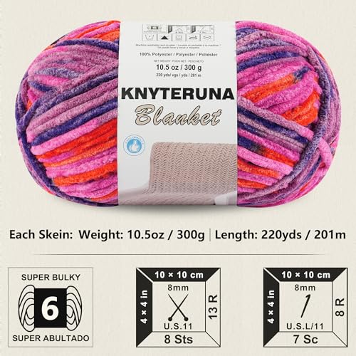Image of #6 Super Bulky Blanket Yarn for Crocheting - 4 Skeins(Each 10.5oz /300g, 220yds /201m), Chunky Chenille Thick Plush Big Soft Yarn for Crocheting Knitting Blankets, Orange & Rose & Purple