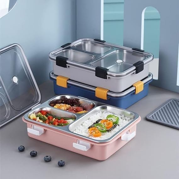 Image of Sanghariyat 3 Compartment Lunch Box Insulated Air Tight BPA Free Lunch Box, Stainless Steel 100% Leak Proof Lunch Containers with a Fork a Spoon and a Pair of Chopsticks for School Kids -750Ml (Blue)