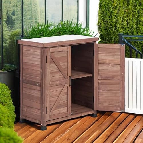image for SoliWood Outdoor Storage Cabinet & Potting Bench Table with Metal Top,