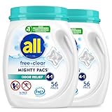All Mighty Pacs Laundry Detergent, Free Clear Odor Relief, Tub, 56 Count (Pack of 2), 112 Total Loads