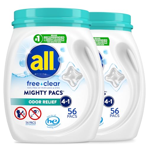 All Mighty Pacs Laundry Detergent, Free Clear Odor Relief, Tub, 56 Count (Pack of 2), 112 Total Loads